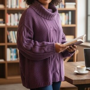 Seven7 Boxy Cable Knit Chenille Cowl Turtleneck Sweater Blackberry Wine